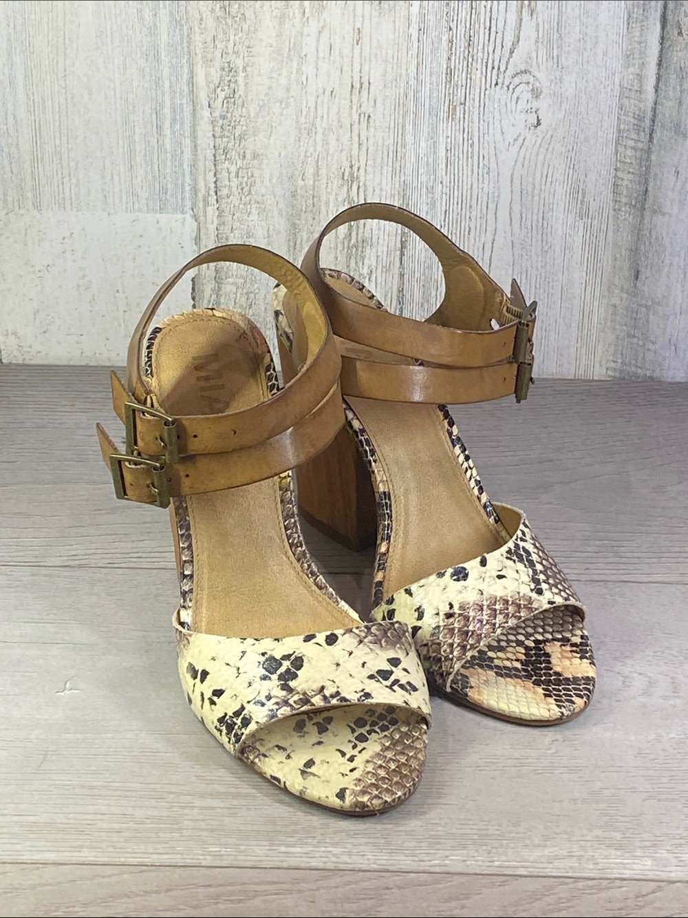 MIA Cream Snake-Print and Tan Block Heel Sandals